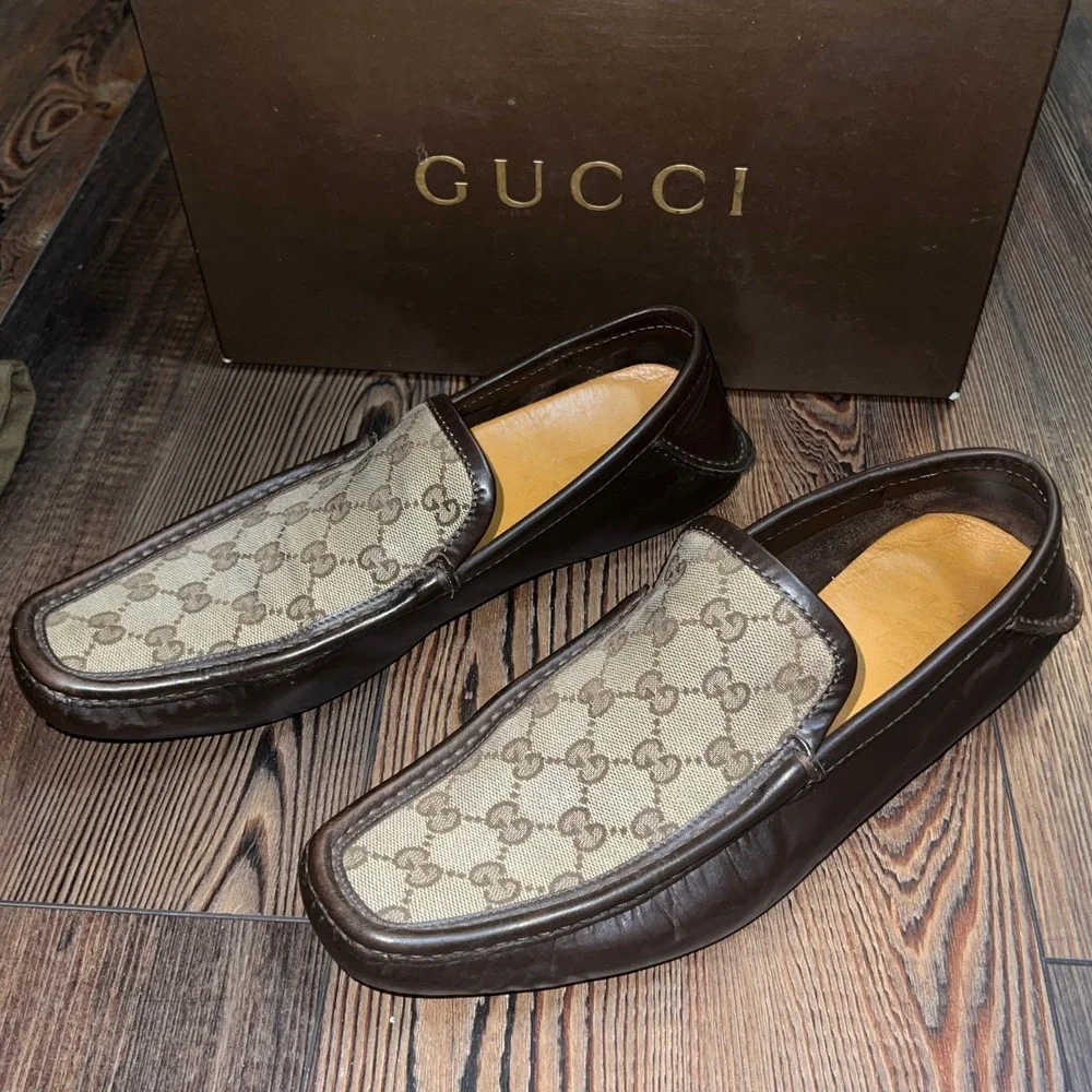 Gucci Mens Florence GG Monogram Driver Loafers Cocoa Brown Leather 153991 Size 9